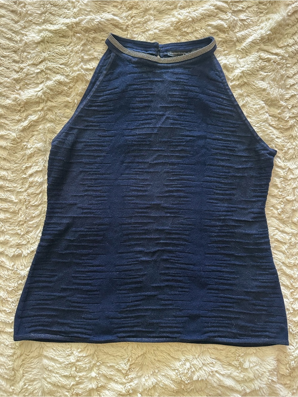 White House Black Market women’s 
 Beaded Neck Navy Tank Large‎